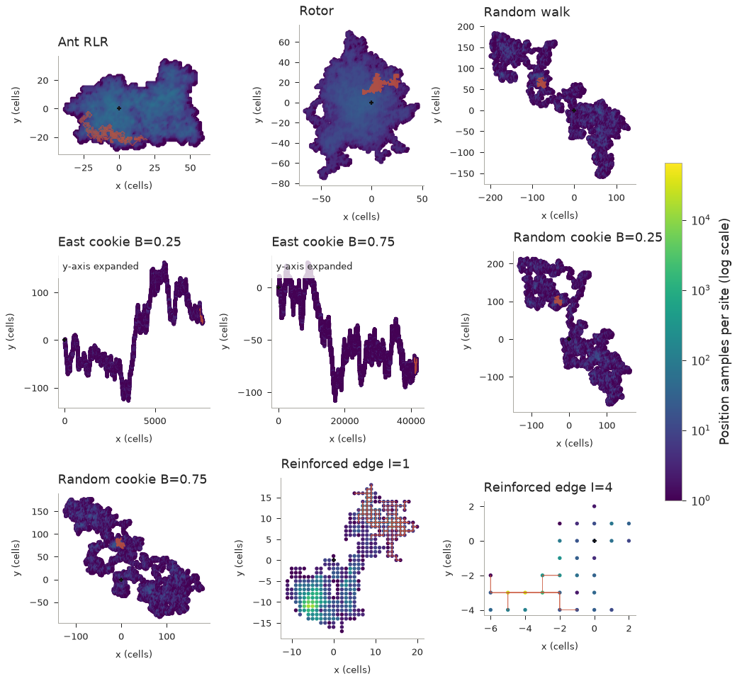 Nine walkers after 65,536 steps, including ants, rotor, random walks, cookies and reinforced walks; panel spatial scales differ.