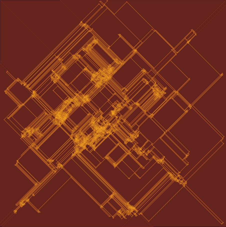 Visit-count image of rule RLLLLRRL showing long diagonal structures.